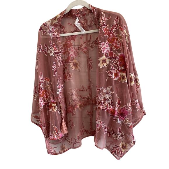 Womens Pink Floral Sheer Kimono One Size Pool Beach Cover Up Sexy Robe Tassels - Picture 1 of 5